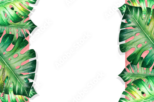 Beautiful frame of tropical leaves. Monstera, palm. Watercolor painting. Exotic plant drawing. Copy and text space. Botanical composition. Greeting card. Painted background. Hand drawn illustration.