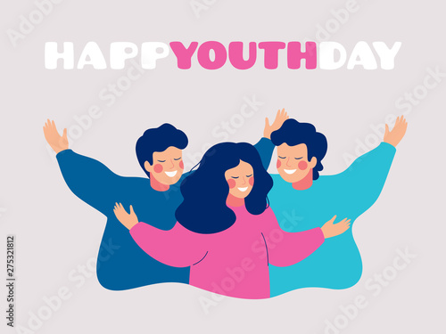 Happy youth Day greeting card with smiling young people hugging each other