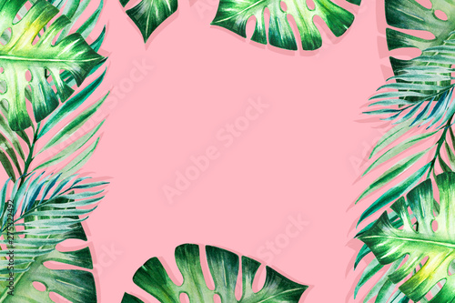 Beautiful frame of tropical leaves. Monstera  palm. Watercolor painting. Exotic plant drawing. Copy and text space. Botanical composition. Greeting card. Painted background. Hand drawn illustration.