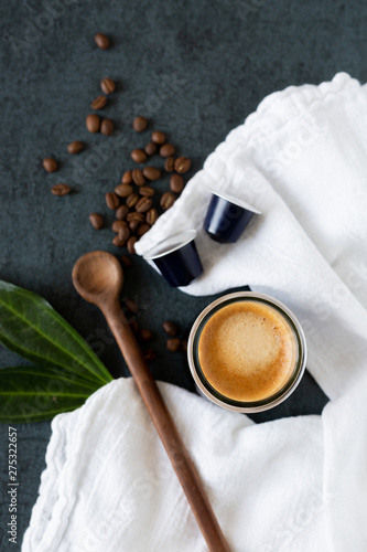 Espresso Drink with Scattered Coffee Beans