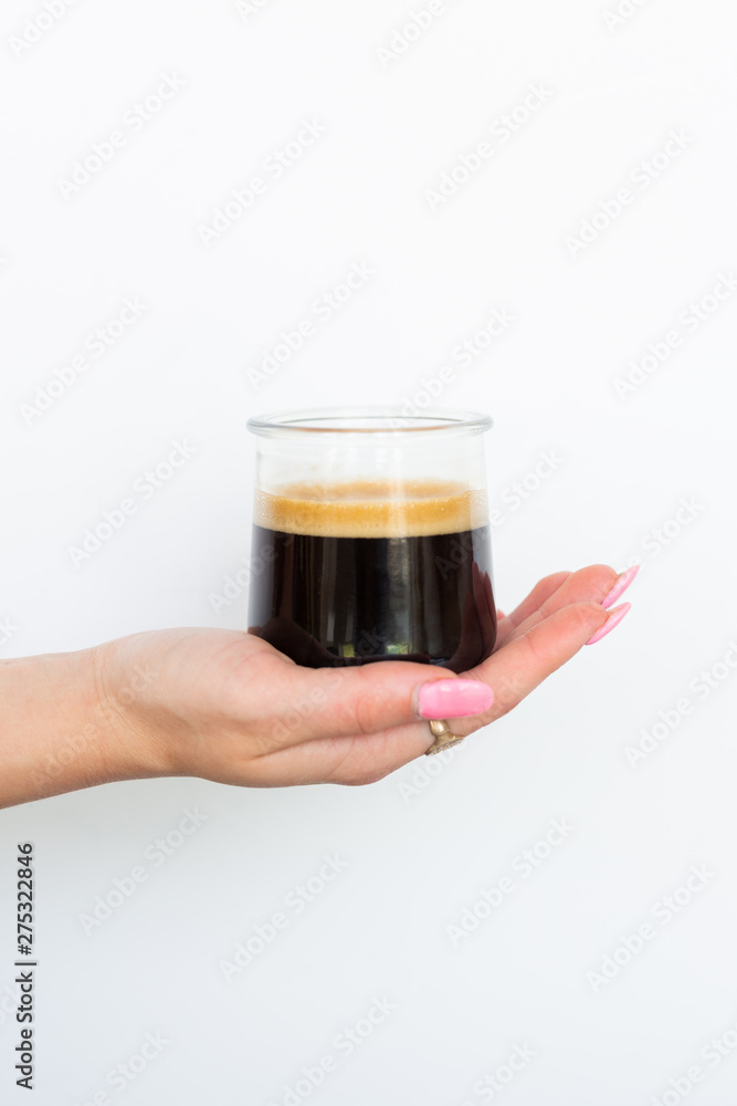 Hand Holding Espresso Drink White Isolated Background Hand Holding Espresso Drink White Isolated Background