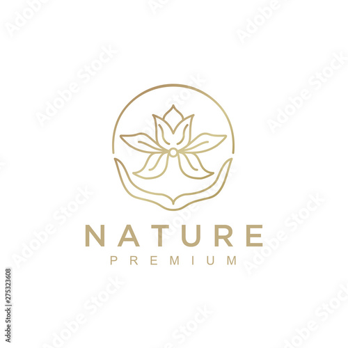 Fototapeta Naklejka Na Ścianę i Meble -  Nature abstract plant logo. Round emblem flower in a circle in linear style. flower shop, cosmetics, ecology concepts, health, spa, yoga Center.