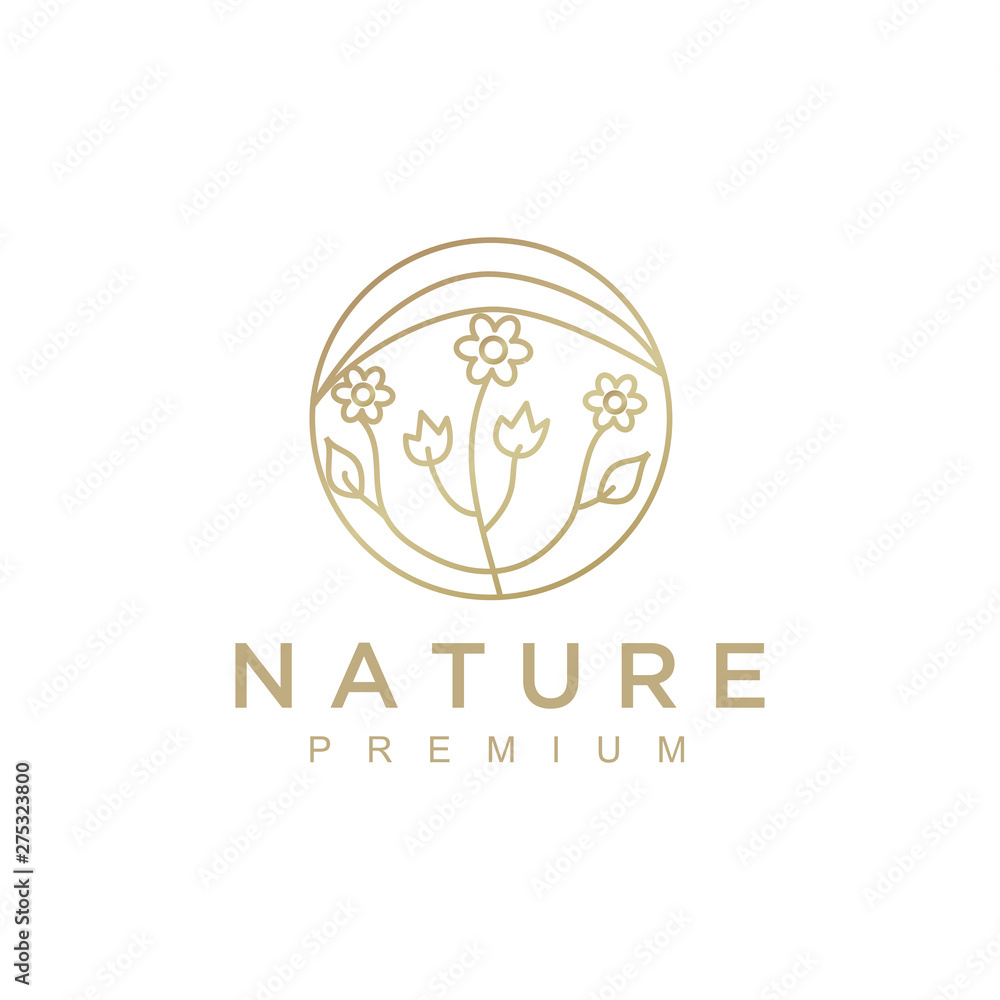 Nature abstract plant logo. Round emblem flower in a circle in linear style. flower shop, cosmetics, ecology concepts, health, spa, yoga Center.