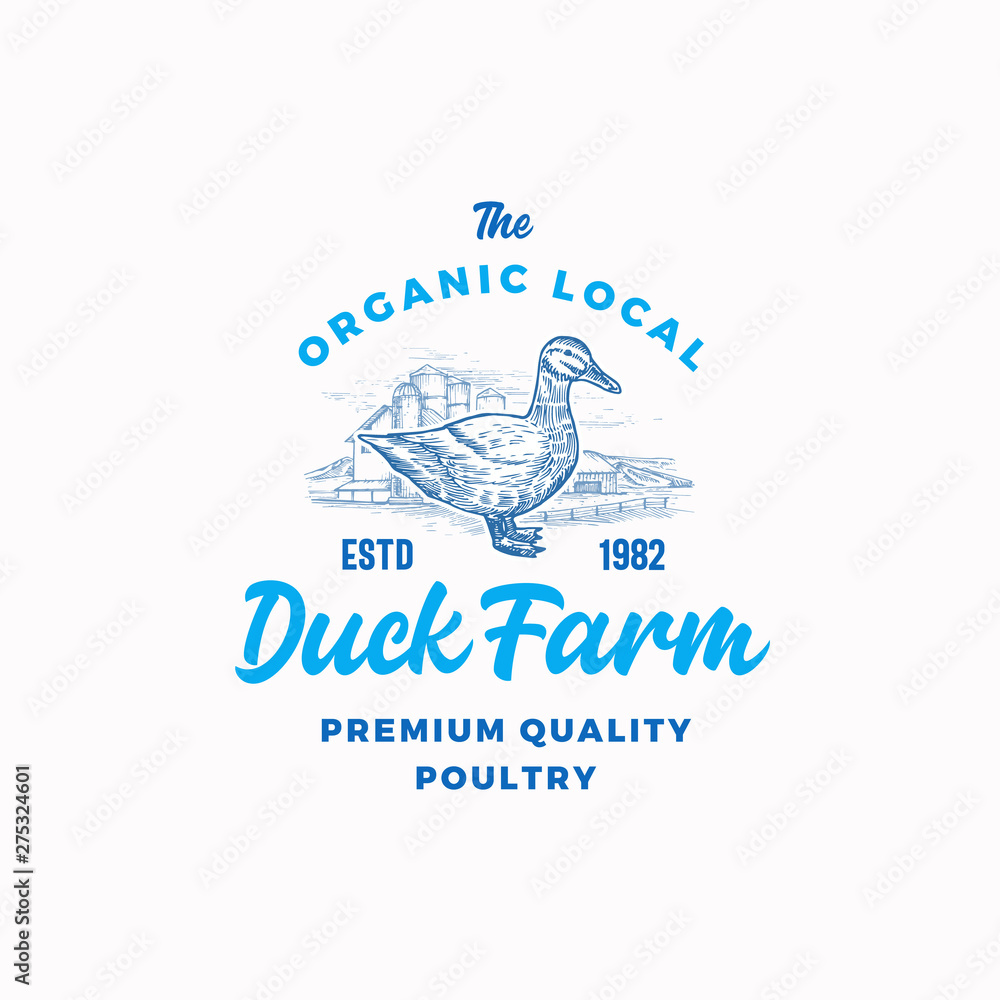 The Organic Poultry Farm Abstract Vector Sign, Symbol or Logo Template. Hand Drawn Duck Silhouette and Countryside Rural Buildings Landscape Sketch with Retro Typography. Vintage Emblem. The Organic Poultry Farm Abstract Vector Sign, Symbol or Logo Template. Hand Drawn Duck Silhouette and Countryside Rural Buildings Landscape Sketch with Retro Typography. Vintage Emblem.