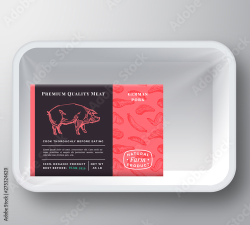 Pork Abstract Vector Plastic Tray Container Cover. Premium Quality Meat Packaging Design Label Layout. Hand Drawn Pig, Steak, Sausage, Wings and Legs Sketch Pattern Background.