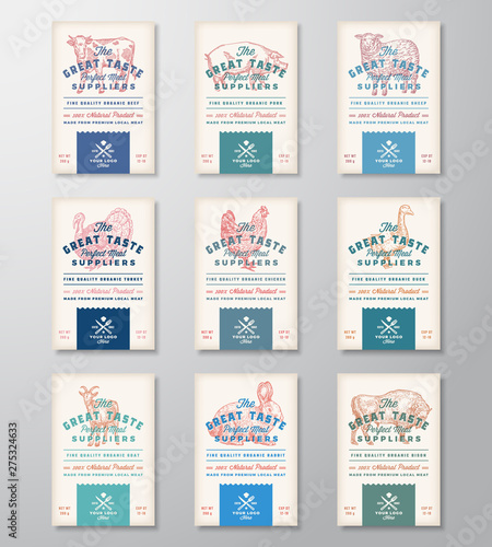 Great Taste Perfect Meat and Poultry. Abstract Vector Meat Packaging Design Banners or Labels Collection. Retro Typography and Hand Drawn Animals an Birds Silhouettes.