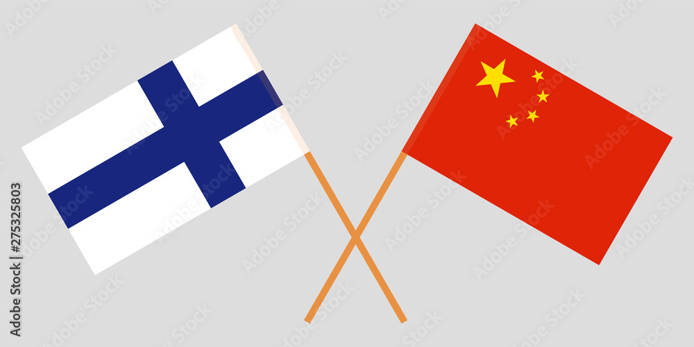 China and Finland. Crossed Chinese and Finnish flags