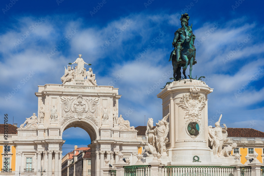 Triumphal Arch and King Jose I bronze statue in the iconic Commerce Square in the very centre of Lisbon