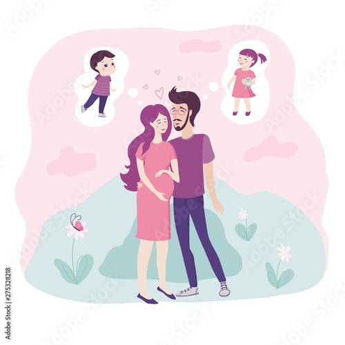 Loving young couple with pregnant woman cradling her baby bump in her hands embracing as they each dream of their desired child