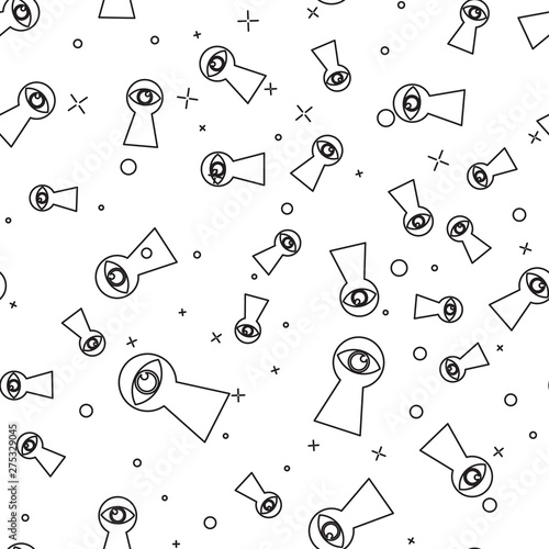 Black Keyhole with eye icon isolated seamless pattern on white background. The eye looks into the keyhole. Keyhole eye hole. Vector Illustration