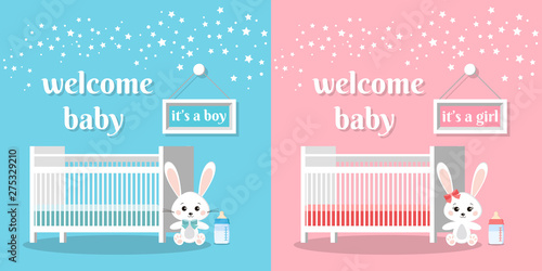 Welcome baby set it's a boy and girl. Baby room with white bed, stars, sweet bunny, baby bottle with milk, sign and words. Blue and pink nursery interior. Flat cartoon style vector illustration.