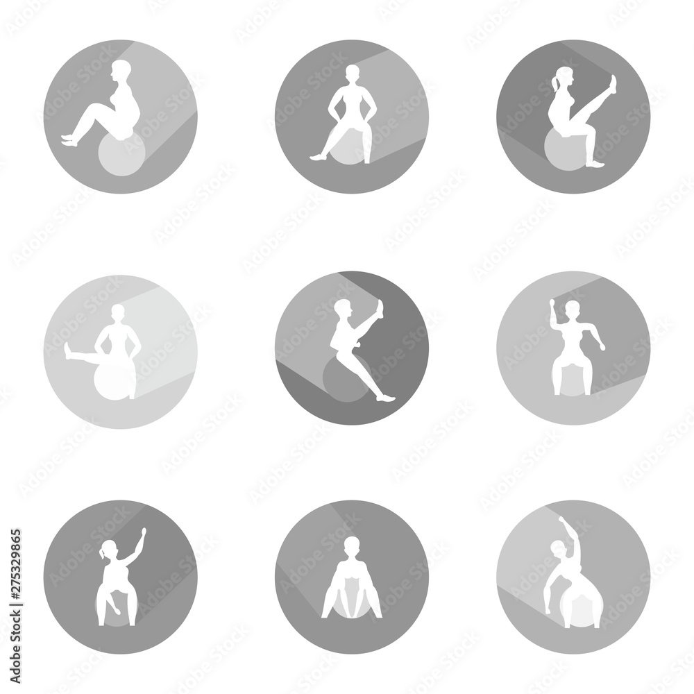 Woman doing exercises with ball. Set of circle icons with long shadow and flat vector symbol. Woman doing exercises with ball. Set of circle icons with long shadow and flat vector symbol.