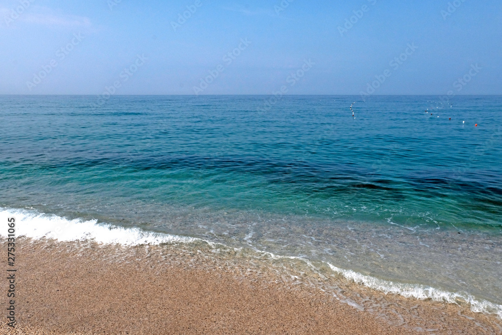 Sunny sandy beach with sea waves. Tropical landscape. Coast sea or ocean. Beautiful background.