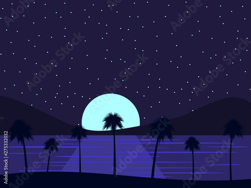 Night landscape with palm trees and the sea, moonlight on the water and the starry sky. Tropical paradise. Vector illustration