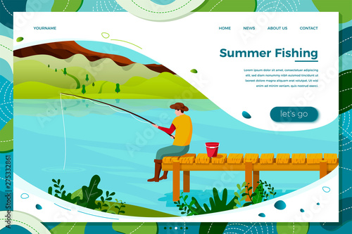 Vector illustration - fisherman sitting on wooden bridge with rod and bucket. Forests, trees, mountains and hills on green background. Banner, site, poster template with place for your text.