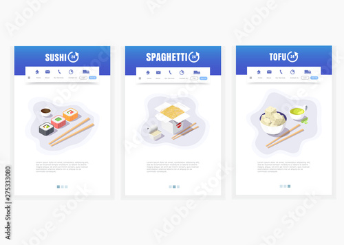 phone app, Asian food delivery service, sushi, spaghetti, tofu, 24 hours, vector isometric food delivery graphics
