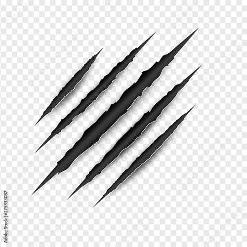 illustration of Claws scratches isolated on transparent white background. Creative paper craft and cut style.Scary laceration danger paper surface Claws scratching animal cat, tiger, lion, bear vector