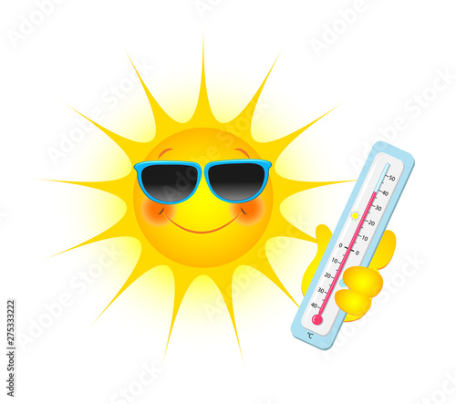 Sonne mit Sonnenbrille und Thermometer in der Hand,  Vektor Illustration isoliert auf weißem Hintergrund