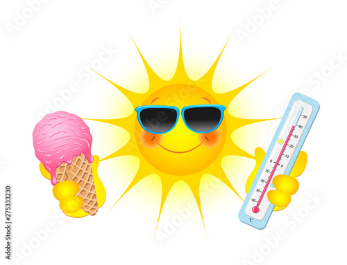 Sonne mit Sonnenbrille, Eiscreme und Thermometer in der Hand,  Vektor Illustration isoliert auf weißem Hintergrund