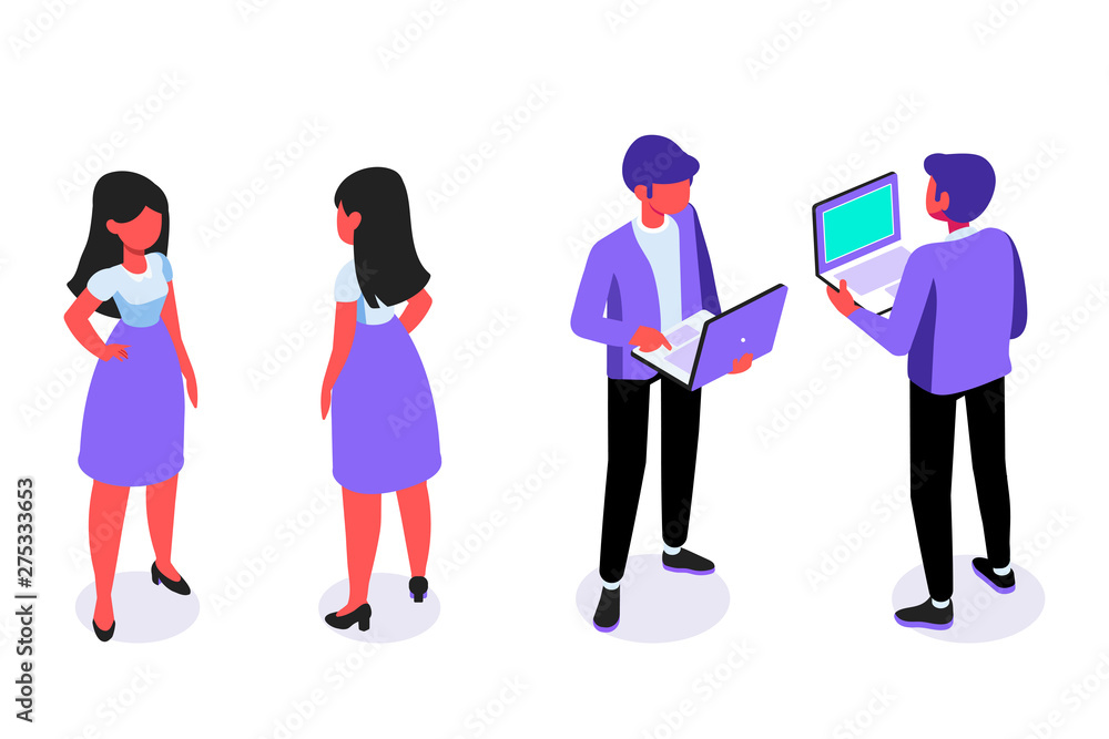 Fototapeta premium Man and woman Isometric people front and back view. Vector flat illustration isolated on white background.