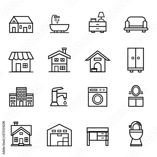 Home Decoration and Furniture Elements Line Outline Vector Icon Set Pack Illustration