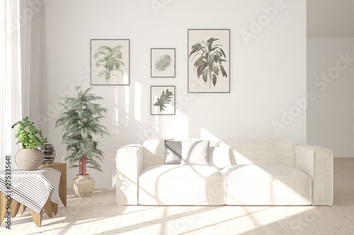 Stylish room in white color with sofa. Scandinavian interior design. 3D illustration