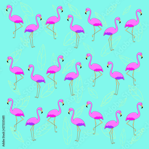 Vector illustration. Beautiful, cute pattern with flamingo and white silhouettes of leaves. Blue background.