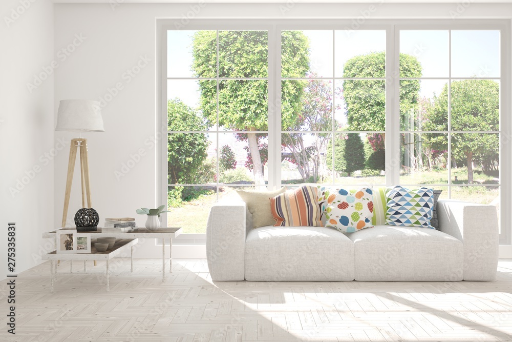 Fototapeta premium Stylish room in white color with sofa and summer landscape in window. Scandinavian interior design. 3D illustration