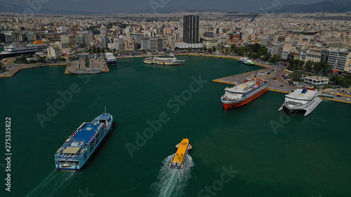 Aerial drone panoramic photo of Piraeus port the largest commercial port in Greece and one of the largest in Europe, Attica, Greece
