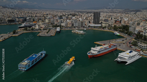 Aerial drone panoramic photo of Piraeus port the largest commercial port in Greece and one of the largest in Europe, Attica, Greece © aerial-drone