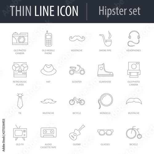 Icons Set of Hipster. Symbol of Intelligent Thin Line Image Pack. Stroke Pictogram Graphic for Web Design. Quality Outline Vector Symbol Concept Collection. Premium Mono Linear