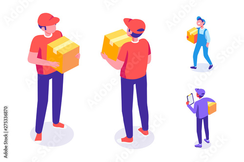 Courier man isometric front and back view. Delivery man with box. Vector flat illustration isolated on white background.