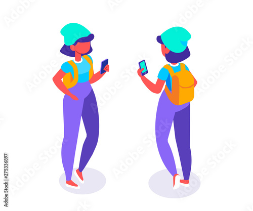 Teenage girl in casual clothes with phone. Student. Isometric girl front and back view. Vector flat illustration isolated on white background.