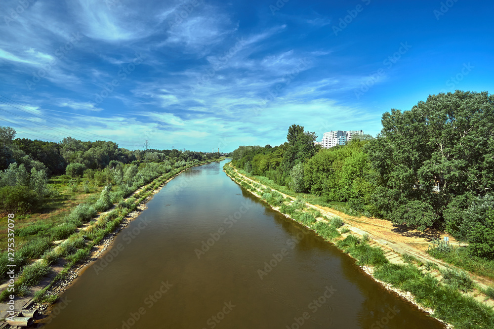 trees on the banks of the Warta River in the city of Poznan