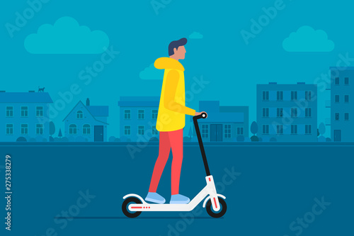Young male character riding modern urban transportation electric kick scooter. Active hipster adult millennial lifestyle ecology technologies. Flat vector illustration on cityscape background