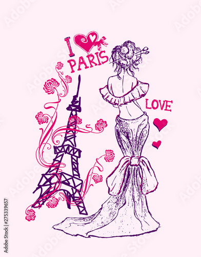 illustration of Eiffel tower and woman