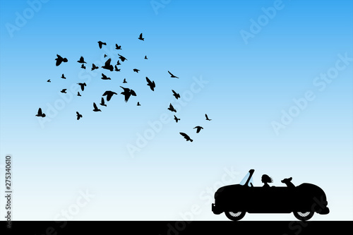 Cartoon retro car on road. Vector illustration with silhouettes of woman and dog traveling in cabriolet. Flocks of birds flying in sky. Blue pastel background