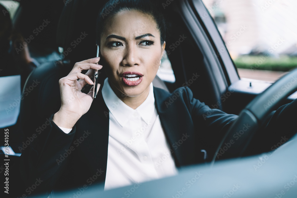 Serious female proud ceo calling to business partner for solving