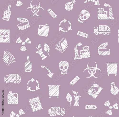 Waste collection and disposal, seamless pattern, lilac, pencil hatching, vector. Garbage collection, different types of waste. Vector, seamless background. White, flat icons on a lilac background. 