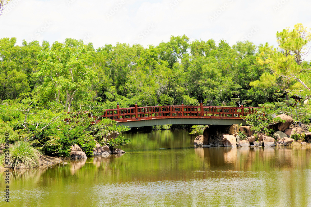  Morikami Japanese Botanical Garden, Delray Beach, Florida, includes lakes, bridges and other Asian artifacts among the lush foliage backdrop   