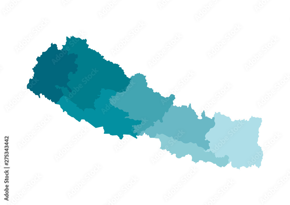 Vector isolated illustration of simplified administrative map of Nepal. Borders of the provinces. Colorful blue khaki silhouettes