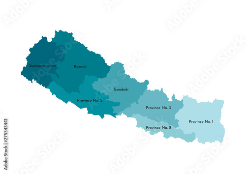 Vector isolated illustration of simplified administrative map of Nepal. Borders and names of the provinces. Colorful blue khaki silhouettes