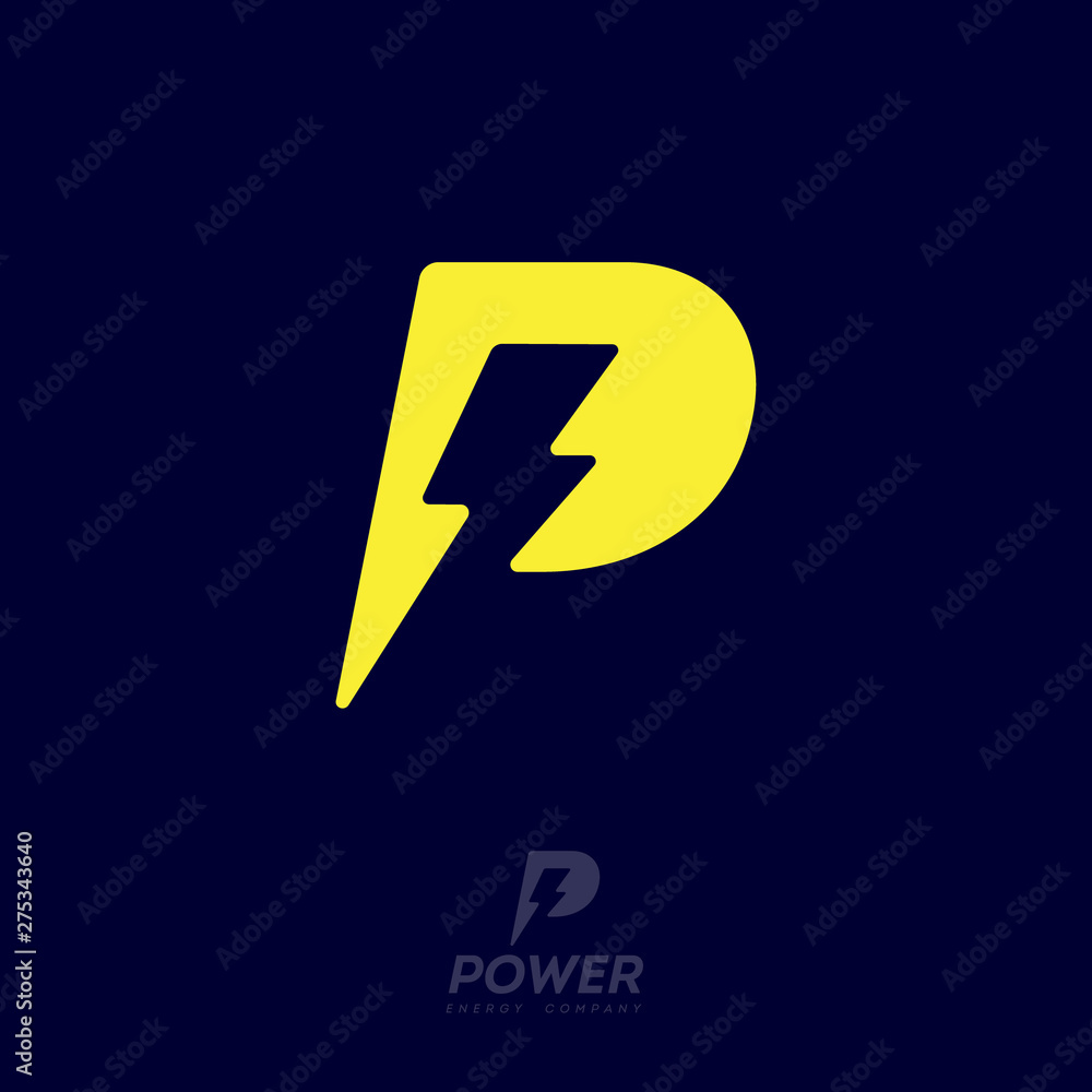 Power logo. P letter and lightning on the dark background. P monogram. Power and energy technology. Power logo. P letter and lightning on the dark background. P monogram. Power and energy technology.