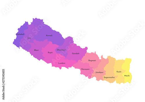 Vector isolated illustration of simplified administrative map of Nepal. Borders and names of the zones. Multi colored silhouettes