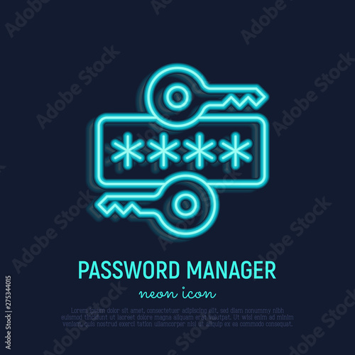 Password manager neon thin line icon. Key and secret code. Data protection. Modern vector illustration.