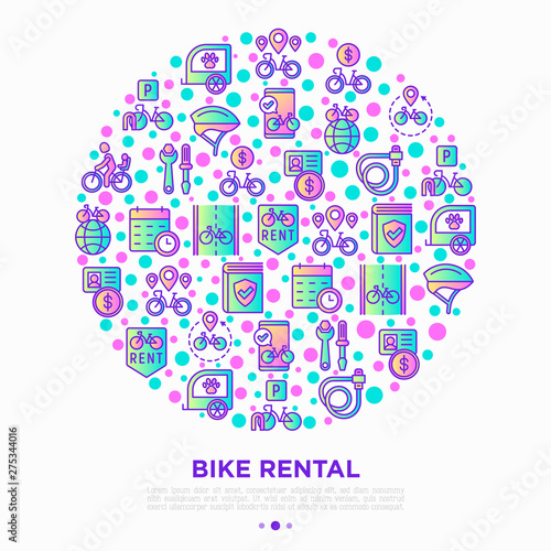 Bike rental concept in circle with thin line icons: rates, bicycle tours, pet trailer, padlock, helmet, child seat, sharing, pointer, deposit, mobile app, cycling route. Modern vector illustration.