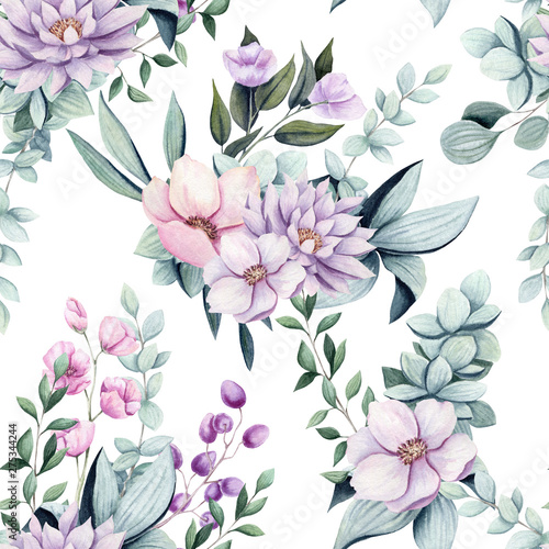 Seamless Pattern of Watercolor Pastel Colored Leaves and Flowers