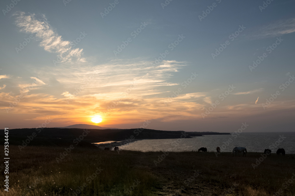 Sunset. Landscape over the Strandja Mountain at the mouth of the Veleka River. Sinemorets resort, Southern Black Sea Coast, Bulgaria.