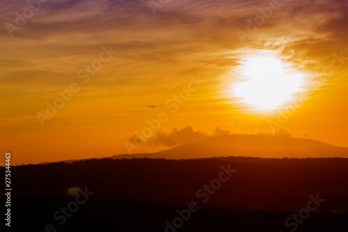 Sunset over the Strandja Mountain. Resort Sinemorets, Southern Black Sea Coast, Bulgaria.