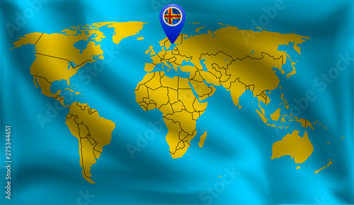 Aland islands location mark on the world map  Aland islands flag  vector illustration
